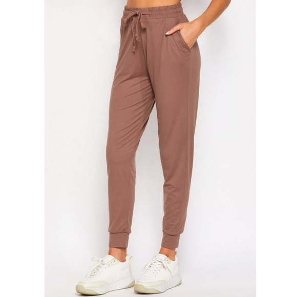 Mocha Workout Pocket Drawstring Solid Casual High Waist Comfy Jogger Pants - Picture 1 of 1